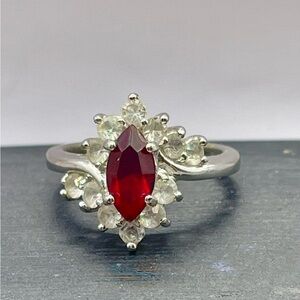 Silver Tone Marquis Red Gemstone Surrounded by Clear Crystals Ring. Size 6.5